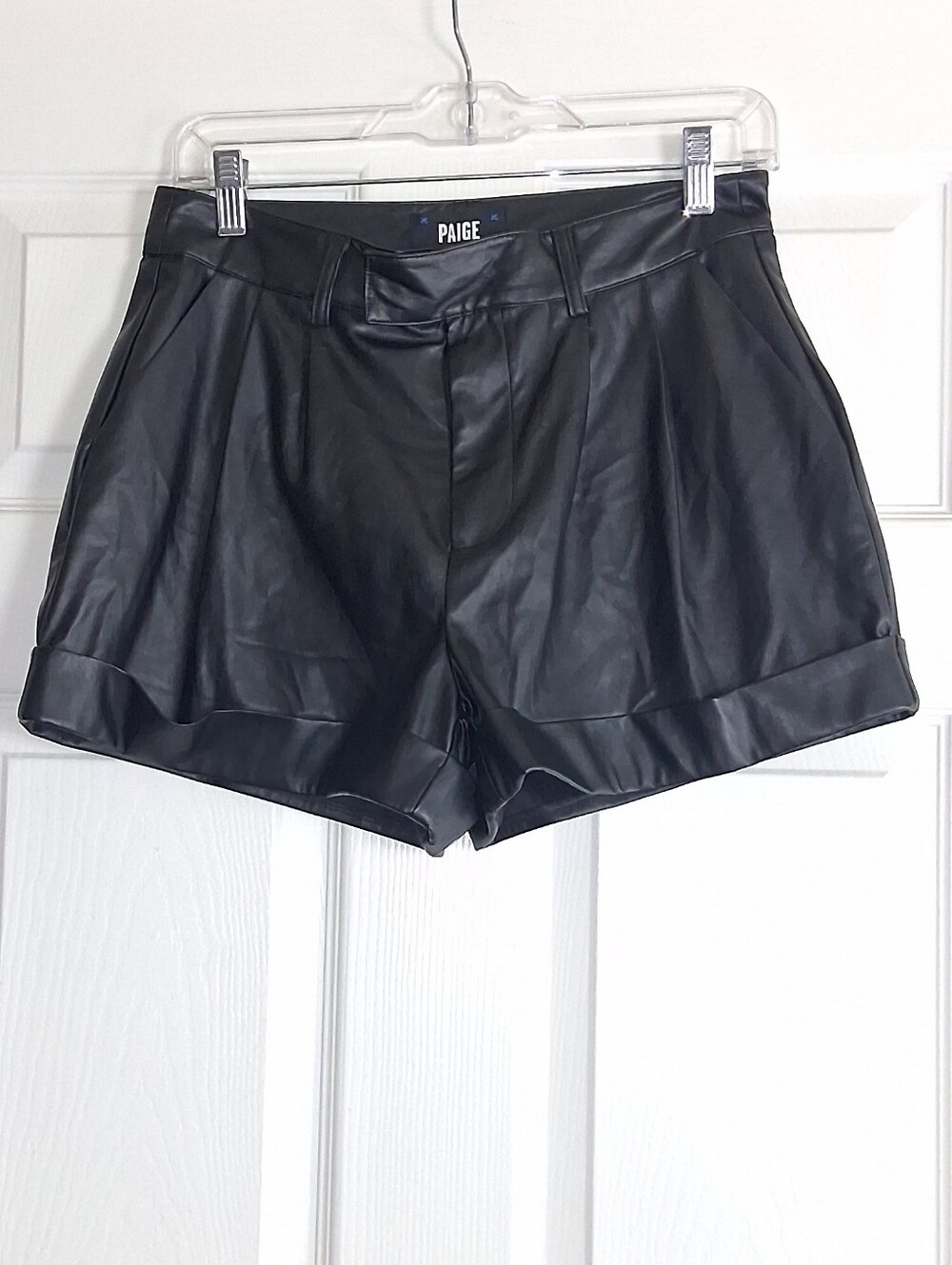 Paige Bistro Black Front Pleated Soft Faux Leather High Rise Cuffed Shorts